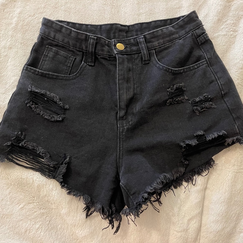 Black distressed denim shorts
